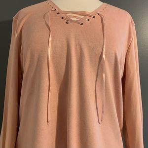 Emma James Womens Pink V neck Blouse Top Suede like Ruffled hem, 3/4 sleeve NWT
